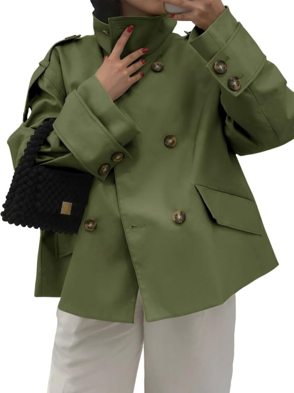Women's Army Green Polyester Cropped Oversized Stand Collar Casual Trench Coat